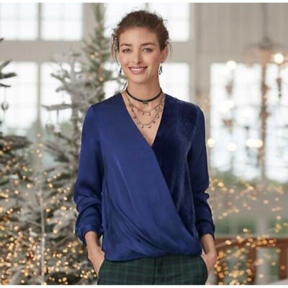 Sundance Blended Paths Blue 100% SILK Velvet Faux Wrap Top Women's MEDIUM Hi Low - Picture 3 of 13